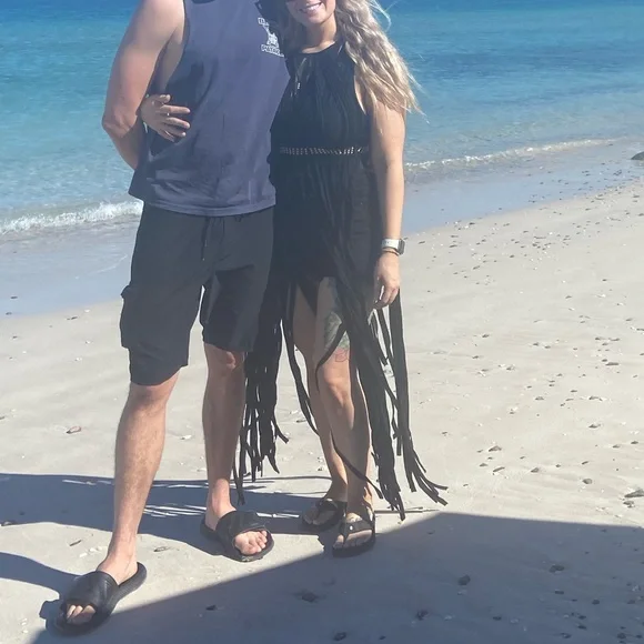 Black Fringe Maxi Cover Up One Size Halter Sheer Beach Dress Gold Waist Detail - Picture 14 of 14